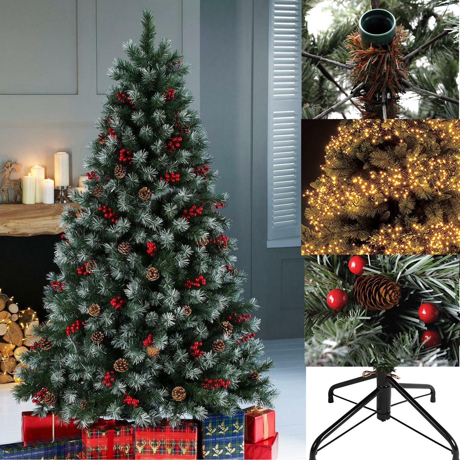 Luxury Christmas Tree Snow Frosted Pine Cone and Red Berries Xmas Tree 4/5/6Ft Luxury Christmas Tree Snow Frosted Pine Cone and Red Berries Xmas Tree 4/5/6Ft
